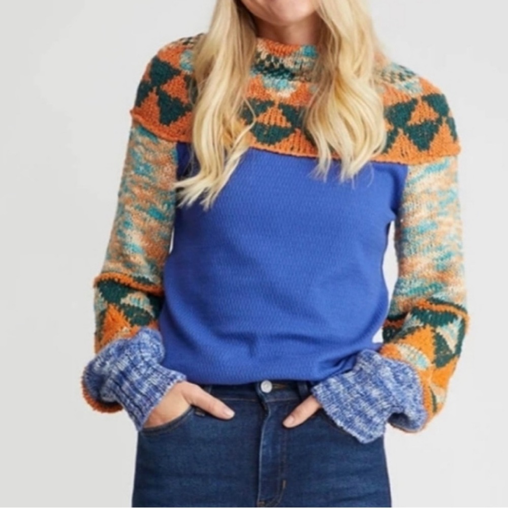FREE PEOPLE Sweat the Small Stuff Mock Neck Sweater Top Navy Combo XS